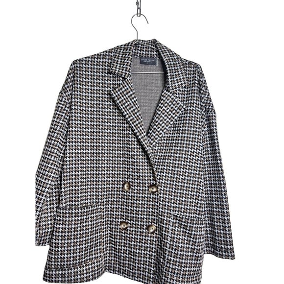Dress Forum Jacket Women Small Black Tan Houndstooth Button Double Breasted - Picture 3 of 6
